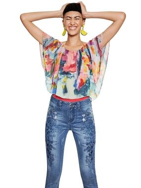 Desigual Allegra Multi Watercolour Flutter Layered Abstract Top Size Medium